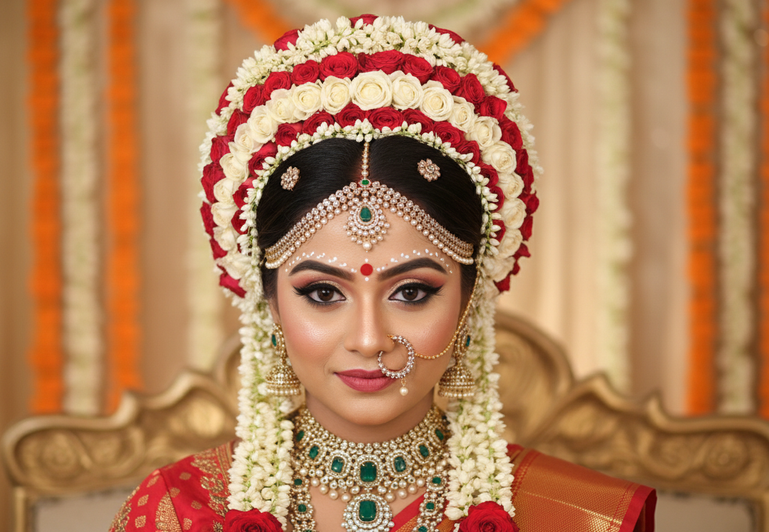 bridal hairstyle kolkata bun with flowers wedding look